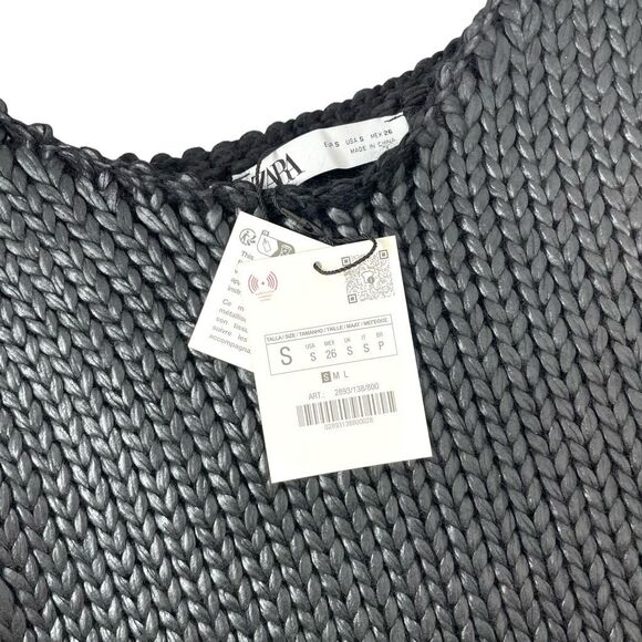 NEW ZARA Foil chunky knit crop top vest Size‎ S black - Picture 2 of 8